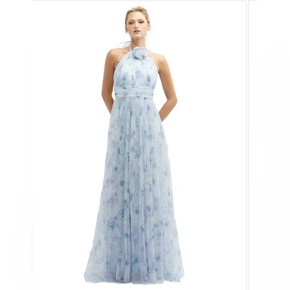 Dessy Collection - Size 0 Floral Tie-Back Halter Tulle Dress